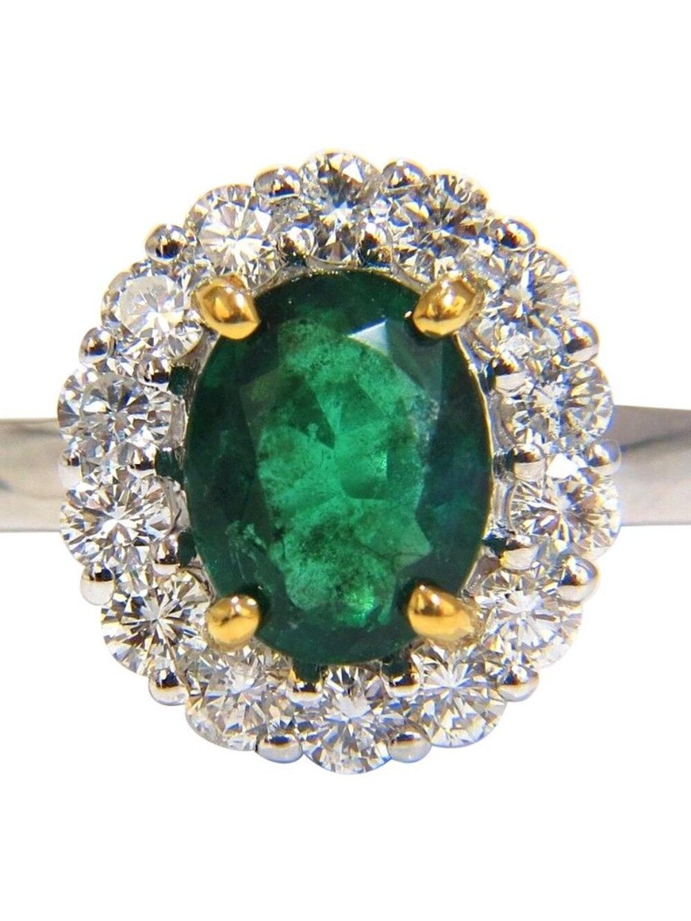 2.46CT NATURAL EMERALD DIAMONDS RING 18KT GOLD VIVID GREEN HALO*